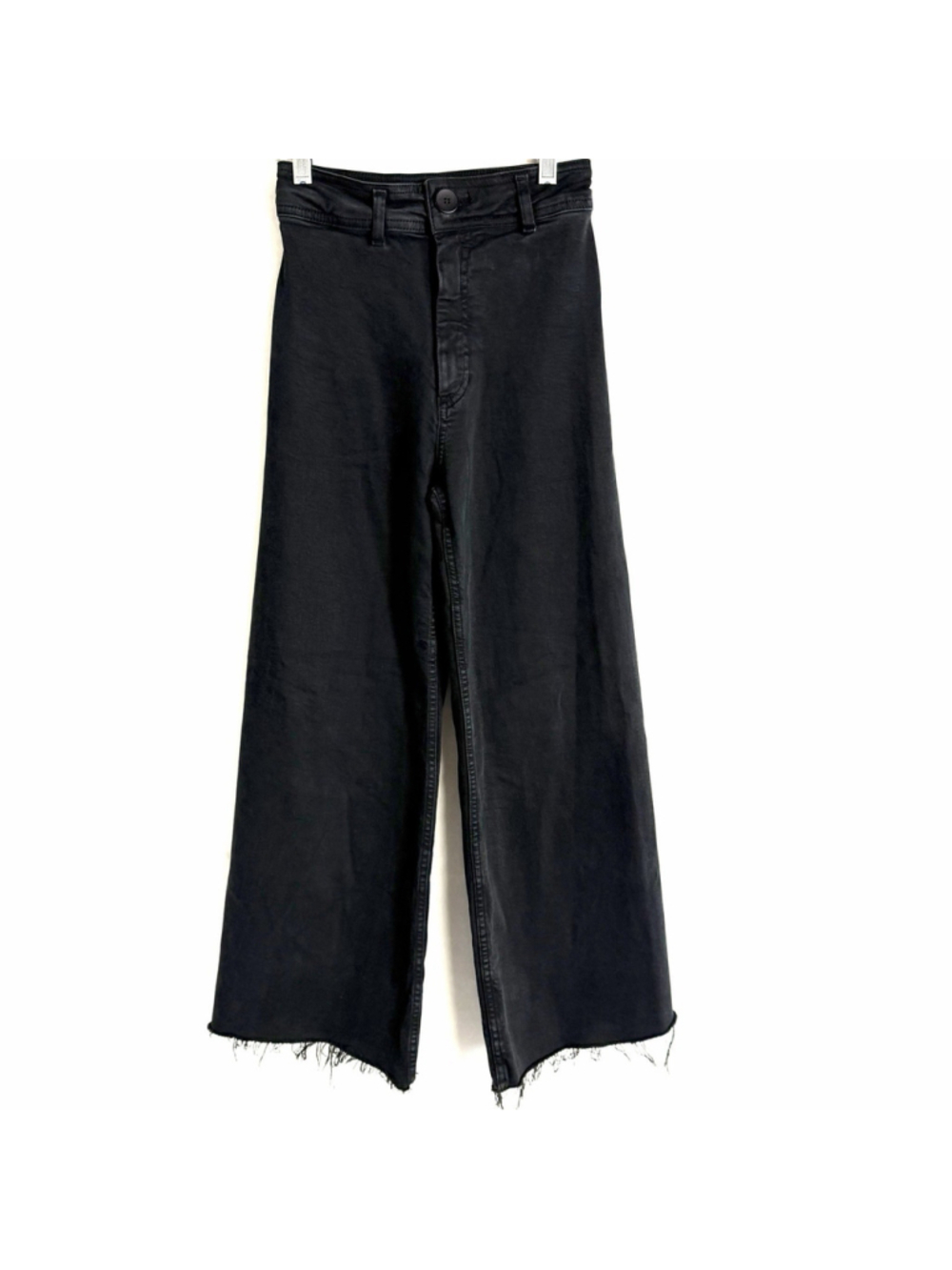 Zara Jeans Wide Leg High Rise Black Denim Raw Hem Womens Size 0 Stretch